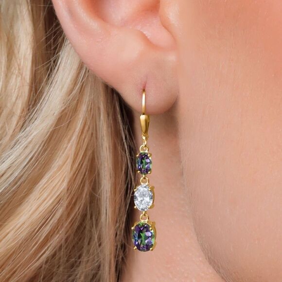 18K Yellow Gold with 6.35Cttw 3 Stone Green Mystic and White Topaz Drop Earrings - Picture 2 of 5